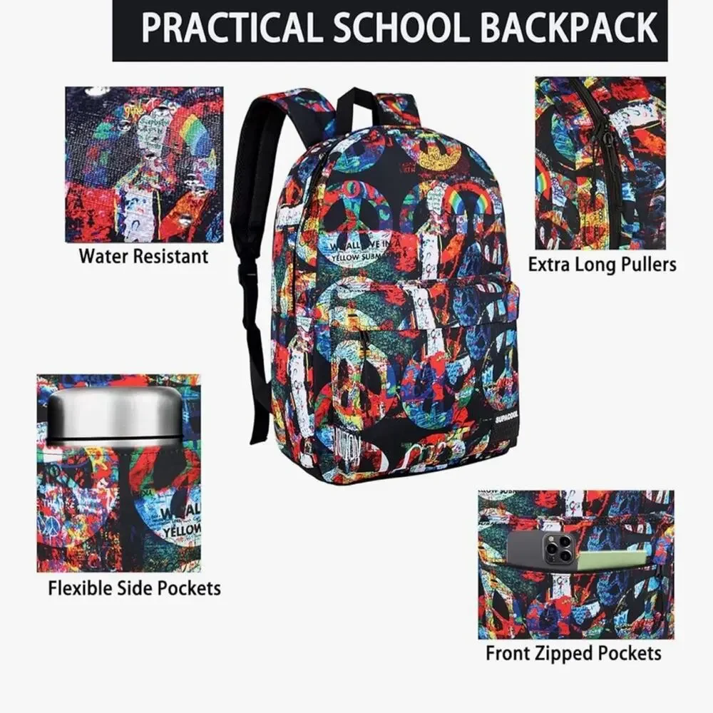 NWOT Laptop Backpack School USB Charging Port, Lightweight, Peace Graphic Unisex